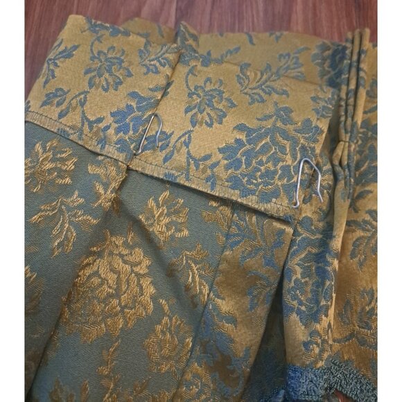 Vintage Damask Curtain Valance W Tassels Gold Brocade Blue Pinch Pleat 12x52 - Picture 4 of 5